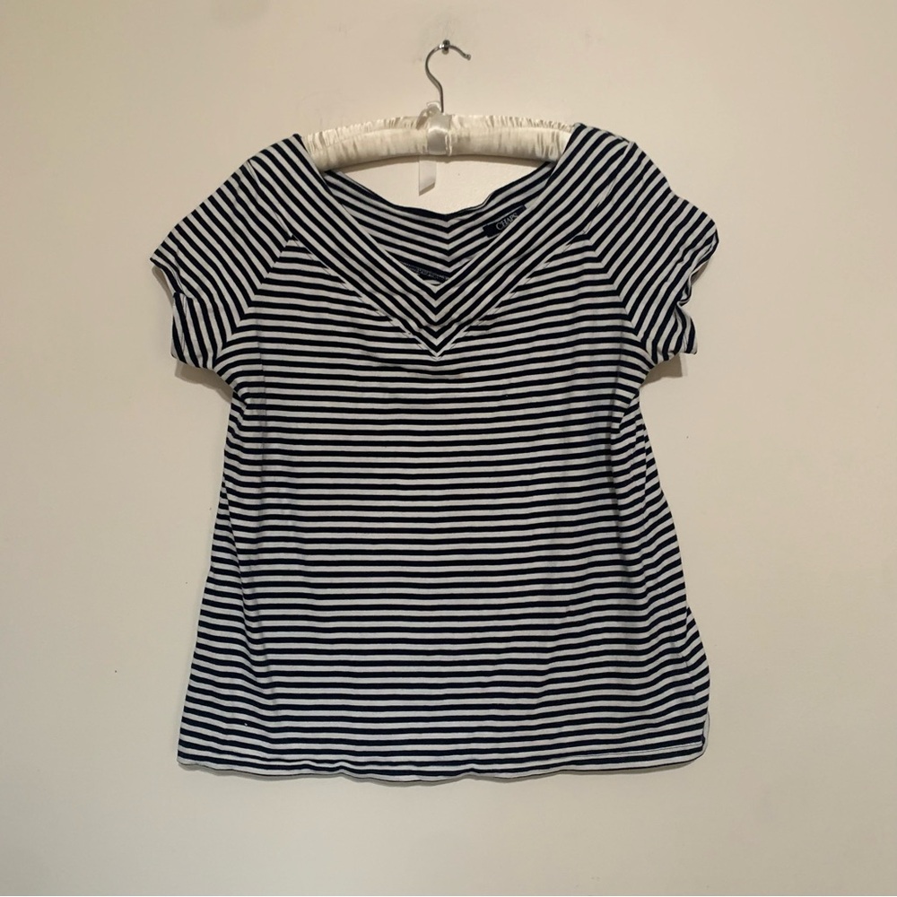 Chaps Navy and White Striped Short Sleeve Top 1X